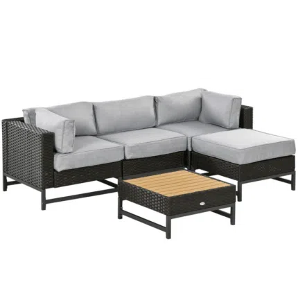 Outsunny 5 Piece Rattan Corner Sofa, Rattan Garden Furniture Wood Grain Plastic Top Table