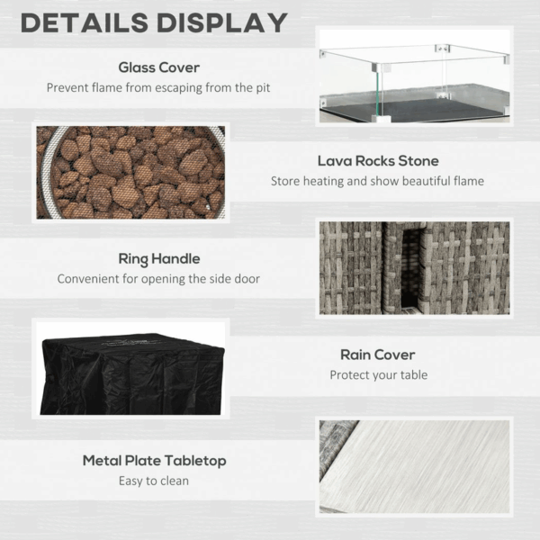 Outsunny Gas Fire Pit Table w/ Rain Cover, Windscreen & Lava Stone, 50,000 BTU - Image 6