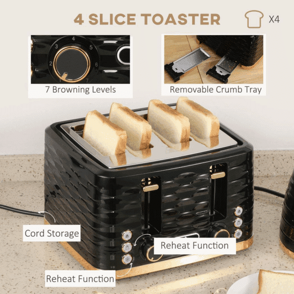 Homcom Kettle and Toaster Set 1.7L Rapid Boil Kettle & 4 Slice Toaster Black - Image 5