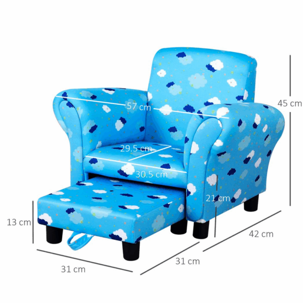Homcom Cute Cloud Star Child Armchair Seat Wood Frame w/ Footrest Padding Blue - Image 3