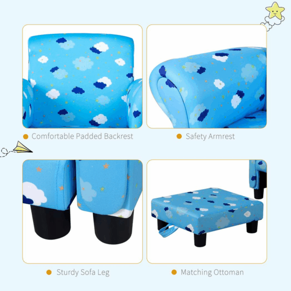 Homcom Cute Cloud Star Child Armchair Seat Wood Frame w/ Footrest Padding Blue - Image 4