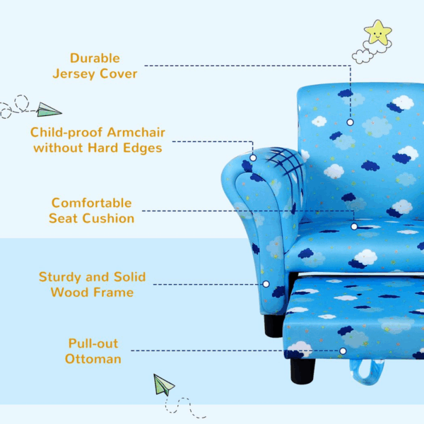 Homcom Cute Cloud Star Child Armchair Seat Wood Frame w/ Footrest Padding Blue - Image 7