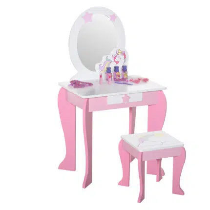 Homcom Kids Dressing Table, Girls Vanity Set w/ Mirror and Stool, Unicorn-Designed