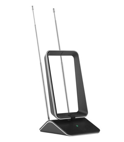 One For All SV9465 indoor aerial with dual extendable antennas, tiltable design, on a black base.