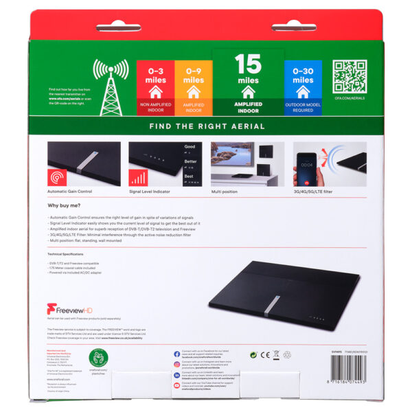 One For All SV9495 Amplified Indoor Aerial 54dB with Automatic Gain Control & 5G Filter - Image 3