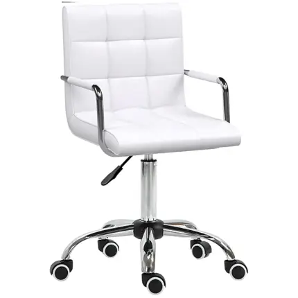 Homcom Mid Back PU Leather Home Office Chair Swivel Desk Chair with Arm, Wheel, White