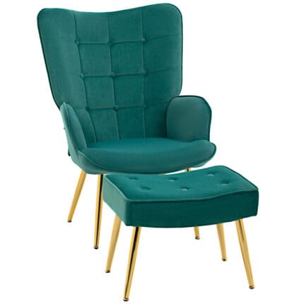 Homcom Button Tufted Armchair with Footstool and Gold Tone Steel Legs Dark Green