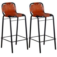 Two vidaXL bar stools with black metal frames and brown real leather seats.