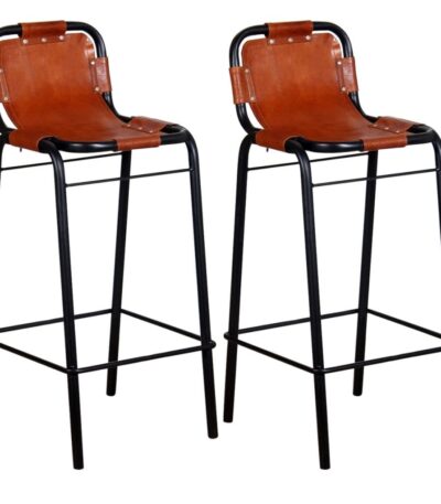 Two vidaXL bar stools with black metal frames and brown real leather seats.
