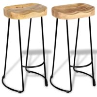 Two vidaXL bar stools with solid mango wood seats and black metal legs.