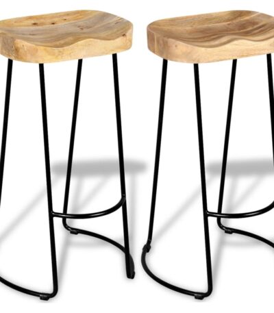 Two vidaXL bar stools with solid mango wood seats and black metal legs.