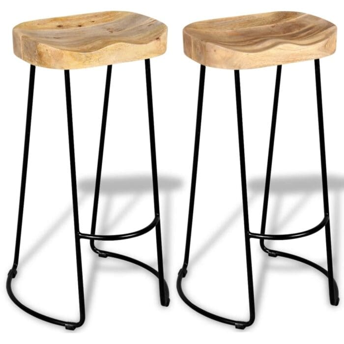 Two Vidaxl Bar Stools with Solid Mango Wood Seats and Black Metal Legs