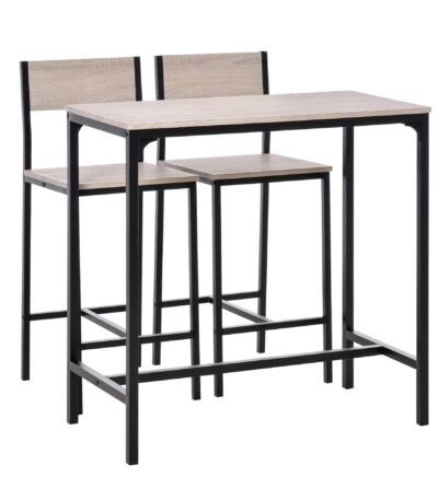 HOMCOM metal frame table and bar stool set with MDF top in black, featuring two stools tucked under the table.
