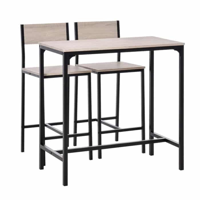 HOMCOM metal frame table and bar stool set with MDF top in black, featuring two stools tucked under the table.