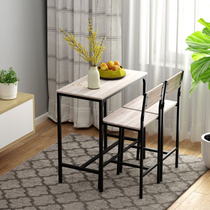 HOMCOM table and bar stool set with black metal frames and MDF tops in a stylish room.