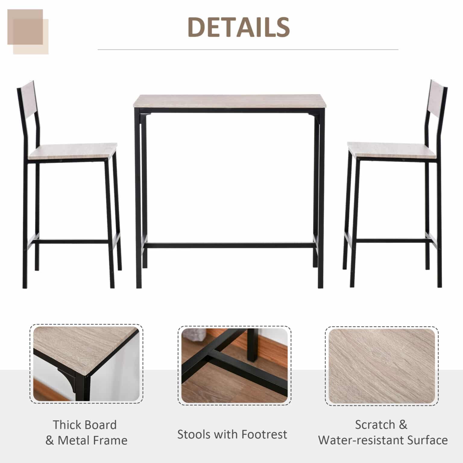 Homcom Table and Bar Stool Set with Thick Mdf Top Metal Frame Footrests Scratch resistant Surface