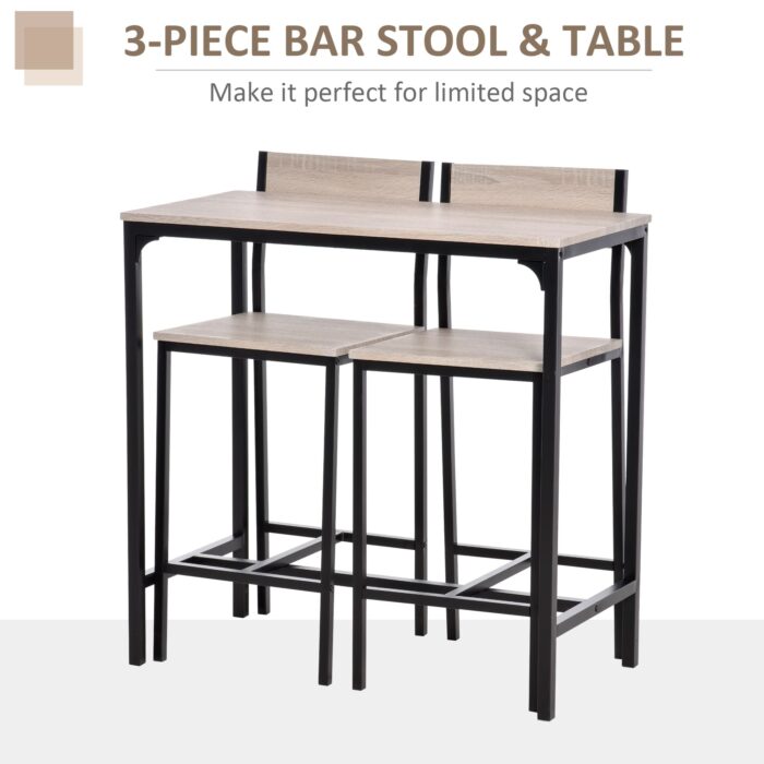 HOMCOM 3-piece bar set with black metal frame and MDF wood surface, ideal for small spaces.