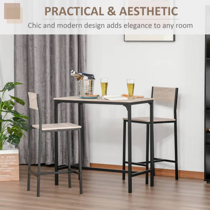 HOMCOM table and bar stool set with metal frame and MDF top, displayed in a stylish room setting.