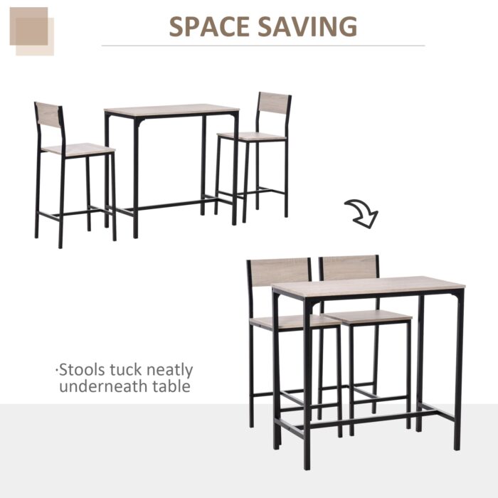 HOMCOM table and bar stool set, black metal frame with MDF top, stools tuck neatly under the table.