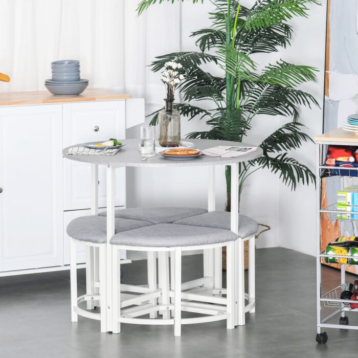 Homcom Modern Round Dining Table Set with 4 Upholstered Stools for Dining Room - Image 8