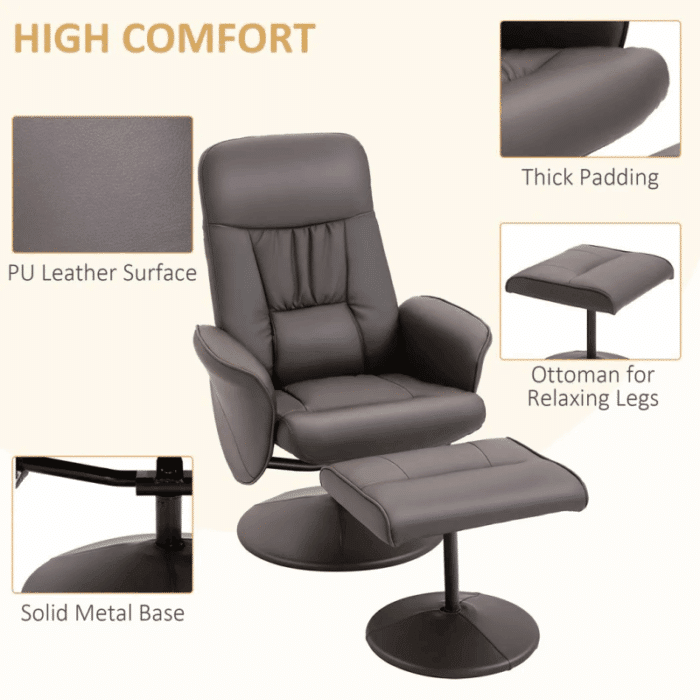 Homcom 2 Pcs Reclining Armchair Ottoman 360 Swivel Home Furniture PU Leather Brown - Image 6