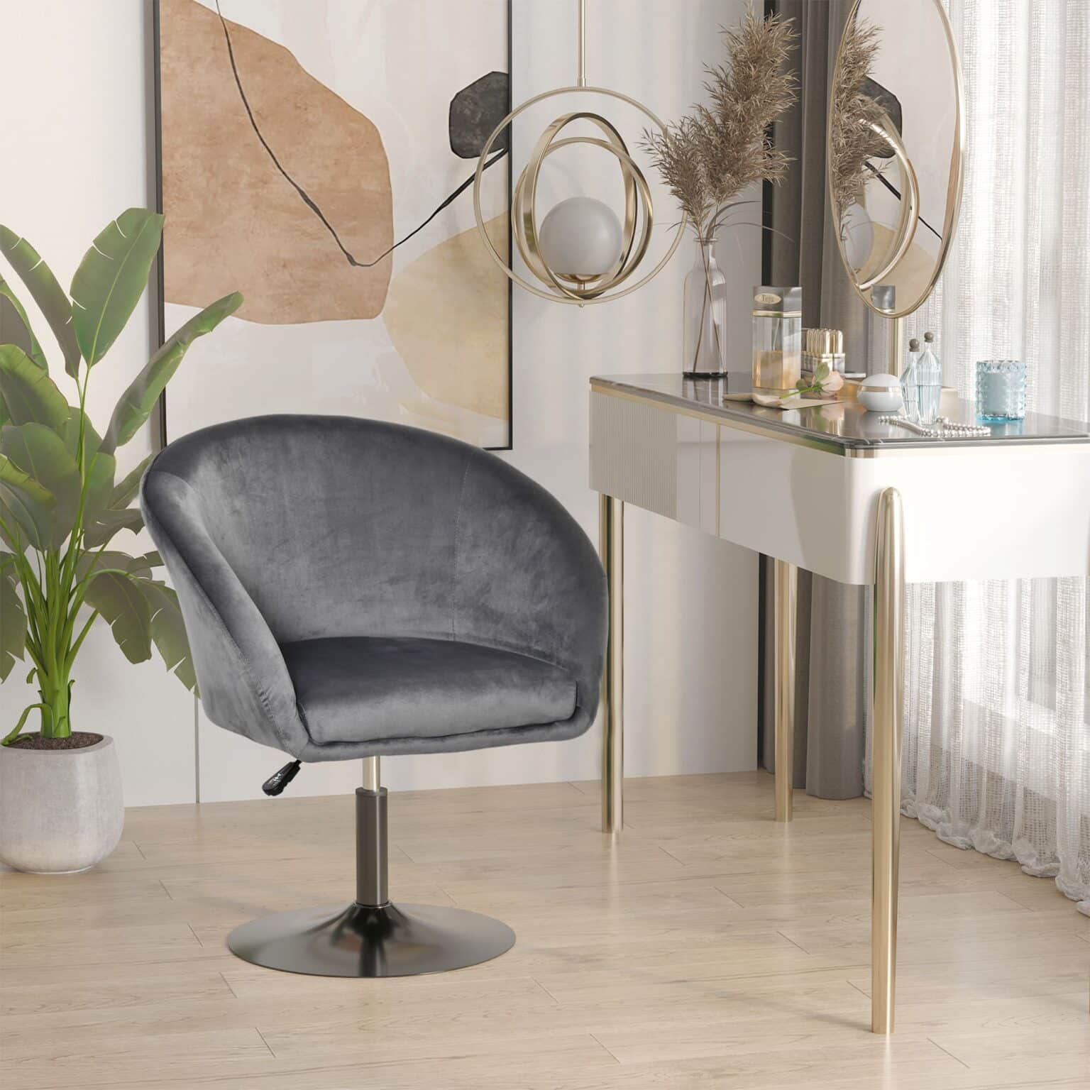 Grey Homcom Swivel Bar Stool in a Modern Room with Plants and Mirrors