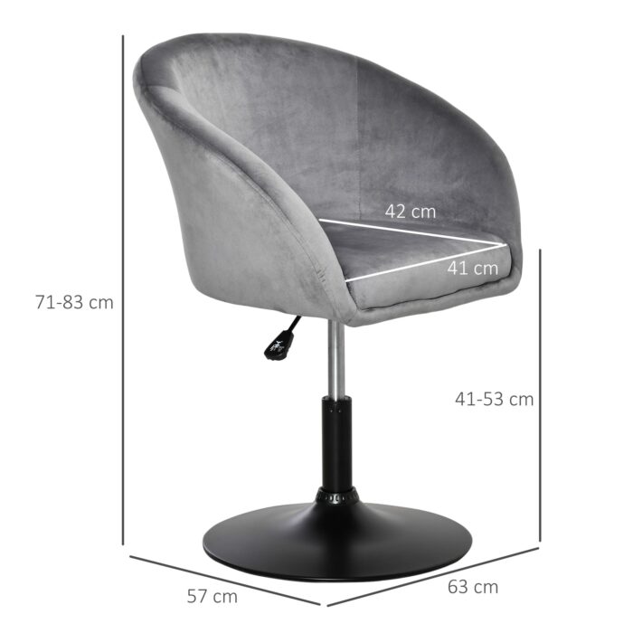 HOMCOM grey fabric swivel bar stool with adjustable height and black base, measurements displayed.