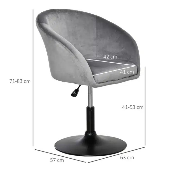 Homcom Grey Fabric Swivel Bar Stool with Adjustable Height and Black Base Measurements Displayed
