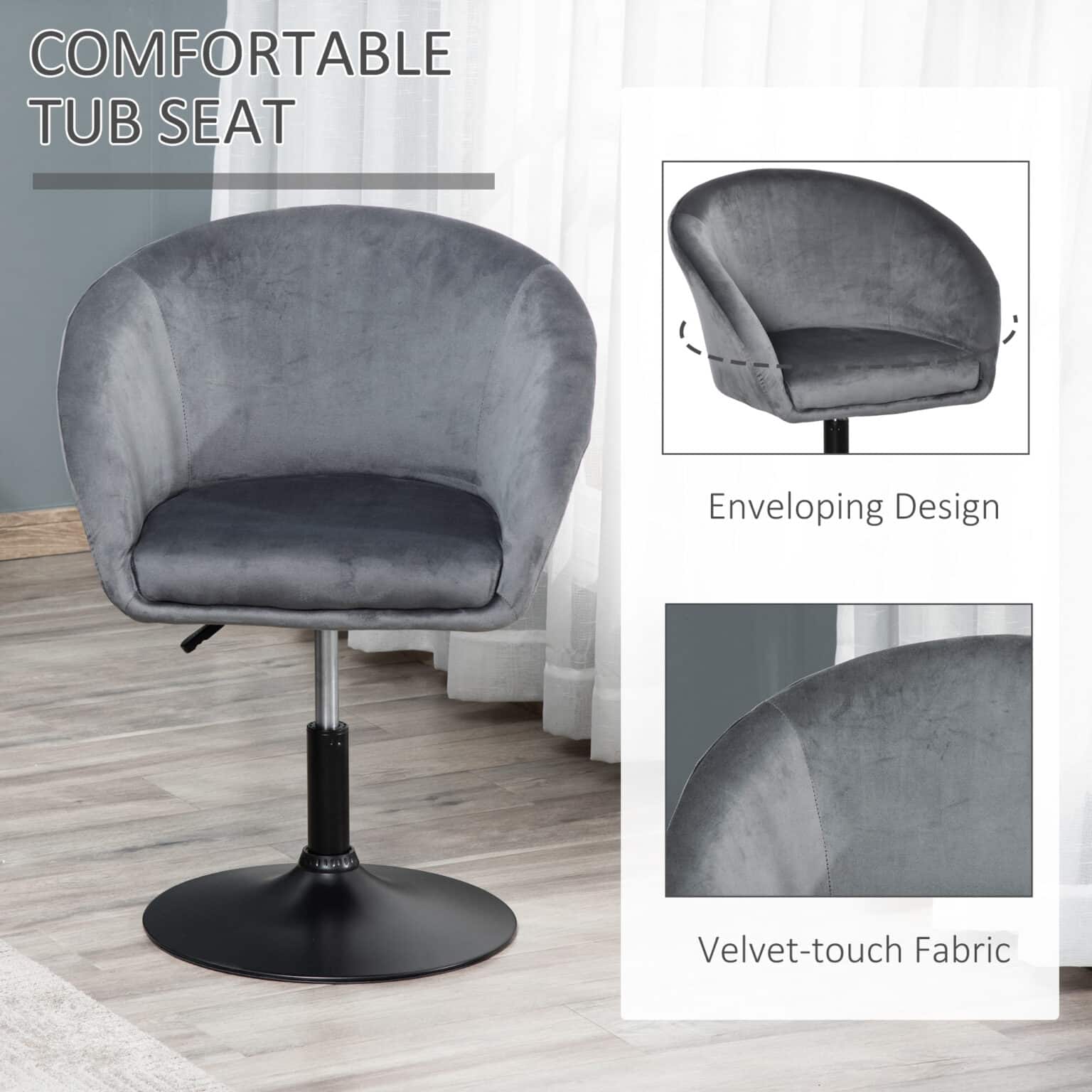 Grey Homcom Swivel Bar Stool with Velvet touch Fabric Enveloping Tub Seat Design on a Black Base