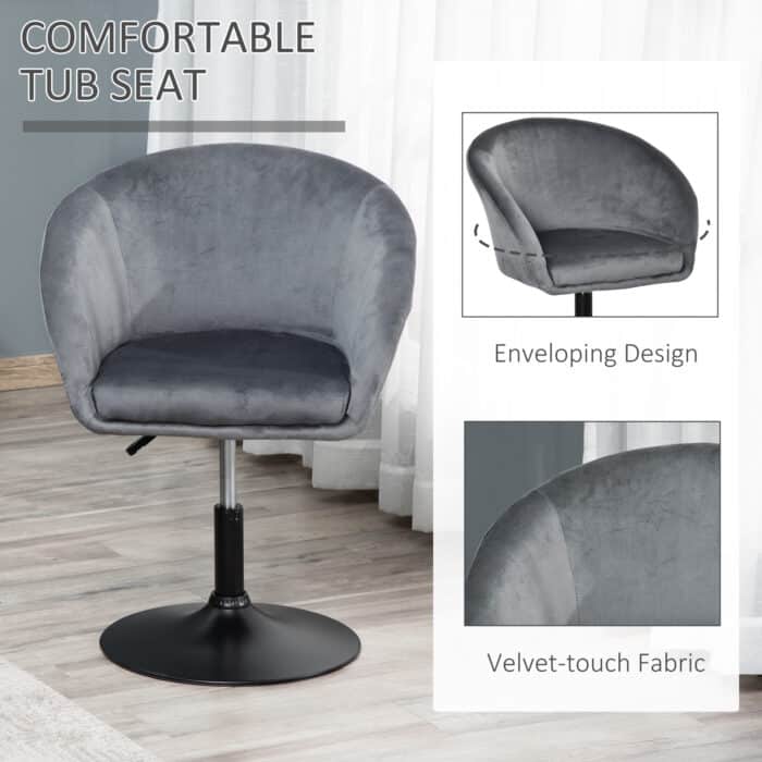 Grey HOMCOM swivel bar stool with velvet-touch fabric, enveloping tub seat design on a black base.