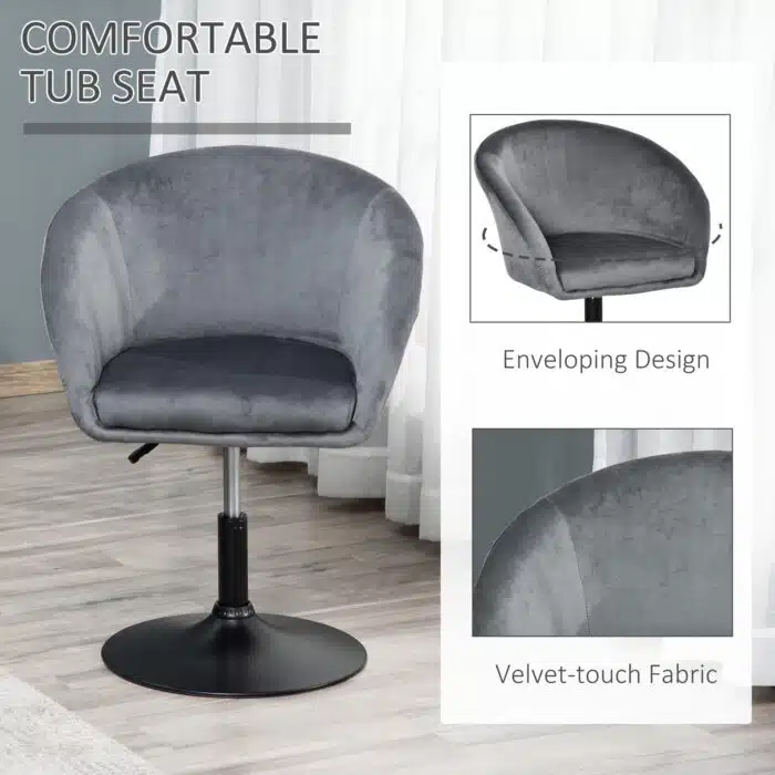 Grey Homcom Swivel Bar Stool with Velvet touch Fabric Enveloping Tub Seat Design on a Black Base