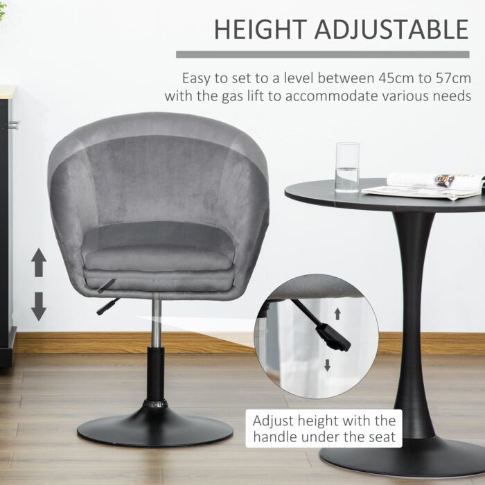 HOMCOM grey fabric swivel bar stool with adjustable height, shown next to a modern black table.