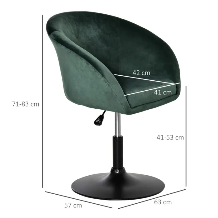 Homcom Green Fabric Swivel Bar Stool with Adjustable Height and Tub Seat Design Shown with Dimensions