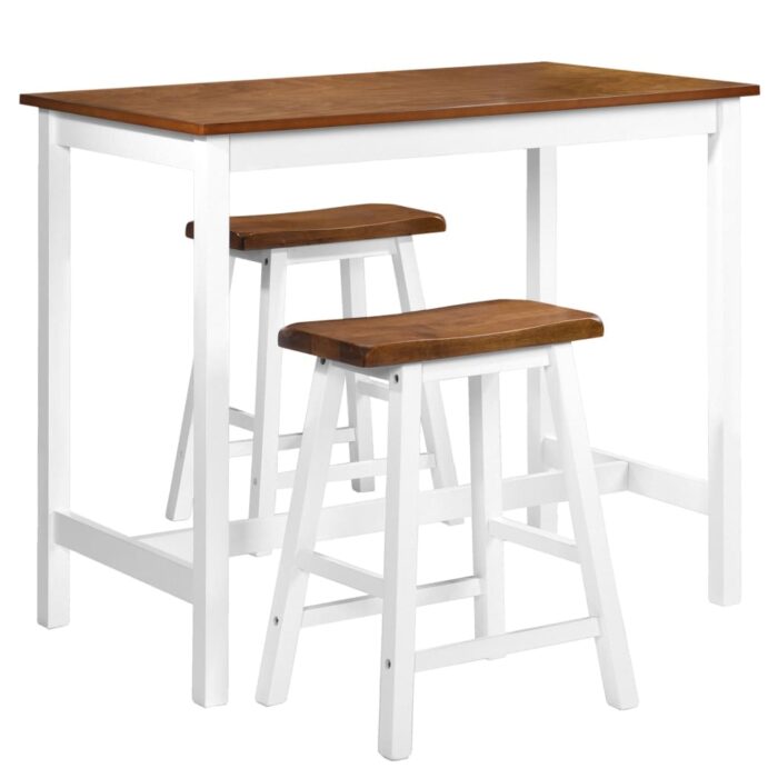 vidaXL Bar Table and Stool Set, 3 Pieces, Solid Wood with white legs and brown tops.
