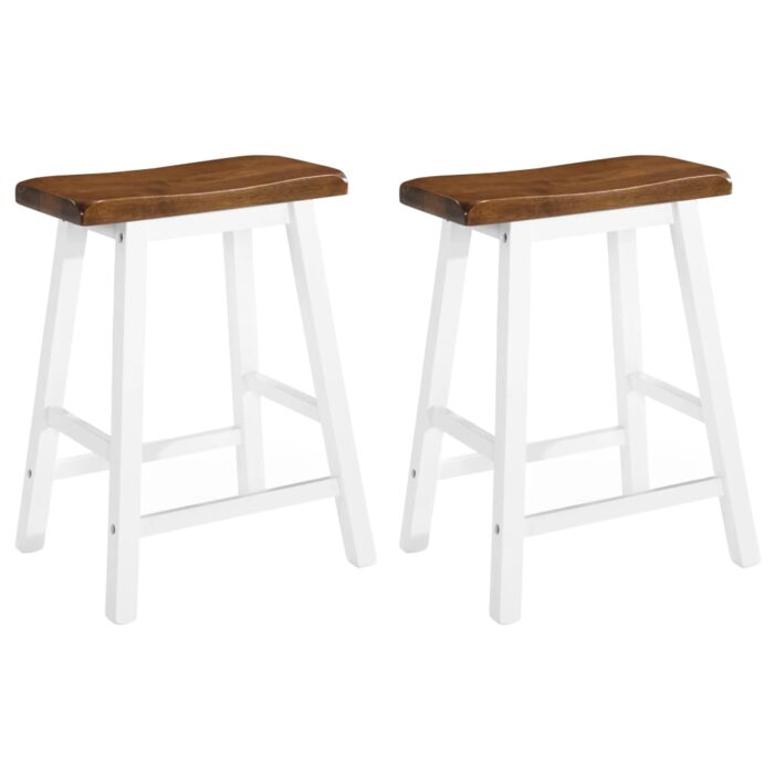Two vidaXL bar stools with solid wood seats and white legs.
