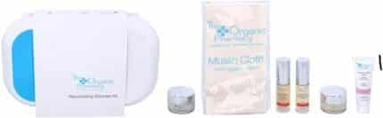 The Organic Pharmacy Rejuvenating Skincare Gift Set 10ml Antioxidant Cleansing Jelly + 10ml Enzyme Peel Mask + 10ml Rose Plus Age Renewal + 5ml Rose Plus Collagen Complex + 5ml Rose Plus Brightening Lotion + Organic Muslin Cloth