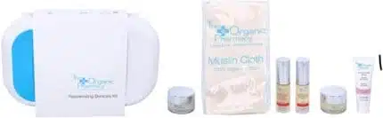 The Organic Pharmacy Rejuvenating Skincare Gift Set 10ml Antioxidant Cleansing Jelly + 10ml Enzyme Peel Mask + 10ml Rose Plus Age Renewal + 5ml Rose Plus Collagen Complex + 5ml Rose Plus Brightening Lotion + Organic Muslin Cloth