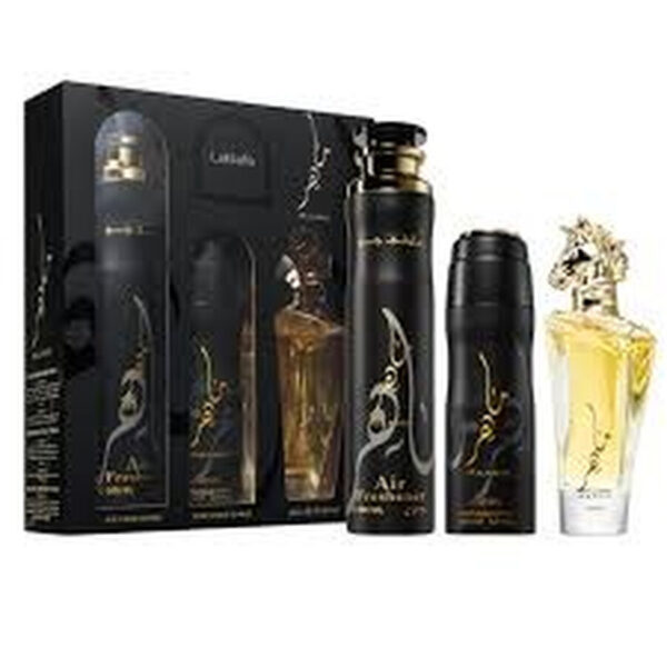 Lattafa Perfumes Maahir Gift Set 100ml EDP + 200ml Perfumed Body Spray + 300ml Air Freshener
